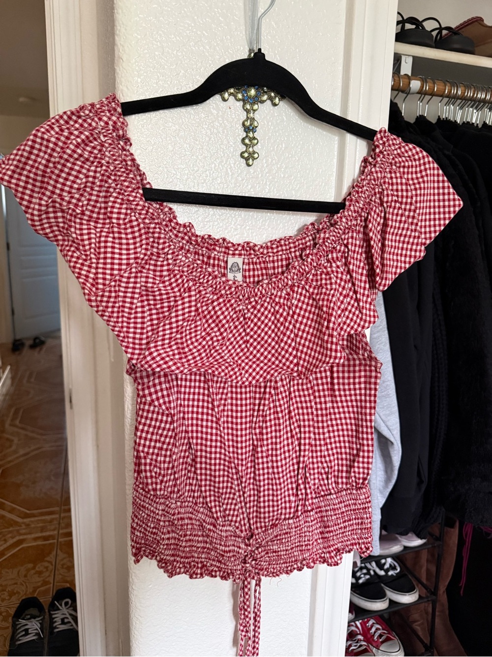 Red Gingham Off-Shoulder Crop Top - Women